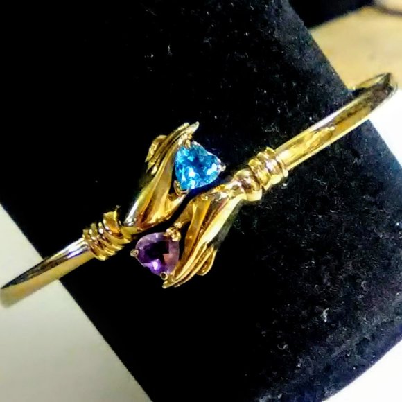 14kt Graceful 2 hand Amethyst Blue Topaz Bypass Bangle Bracelet 90's Vintage - Picture 13 of 14